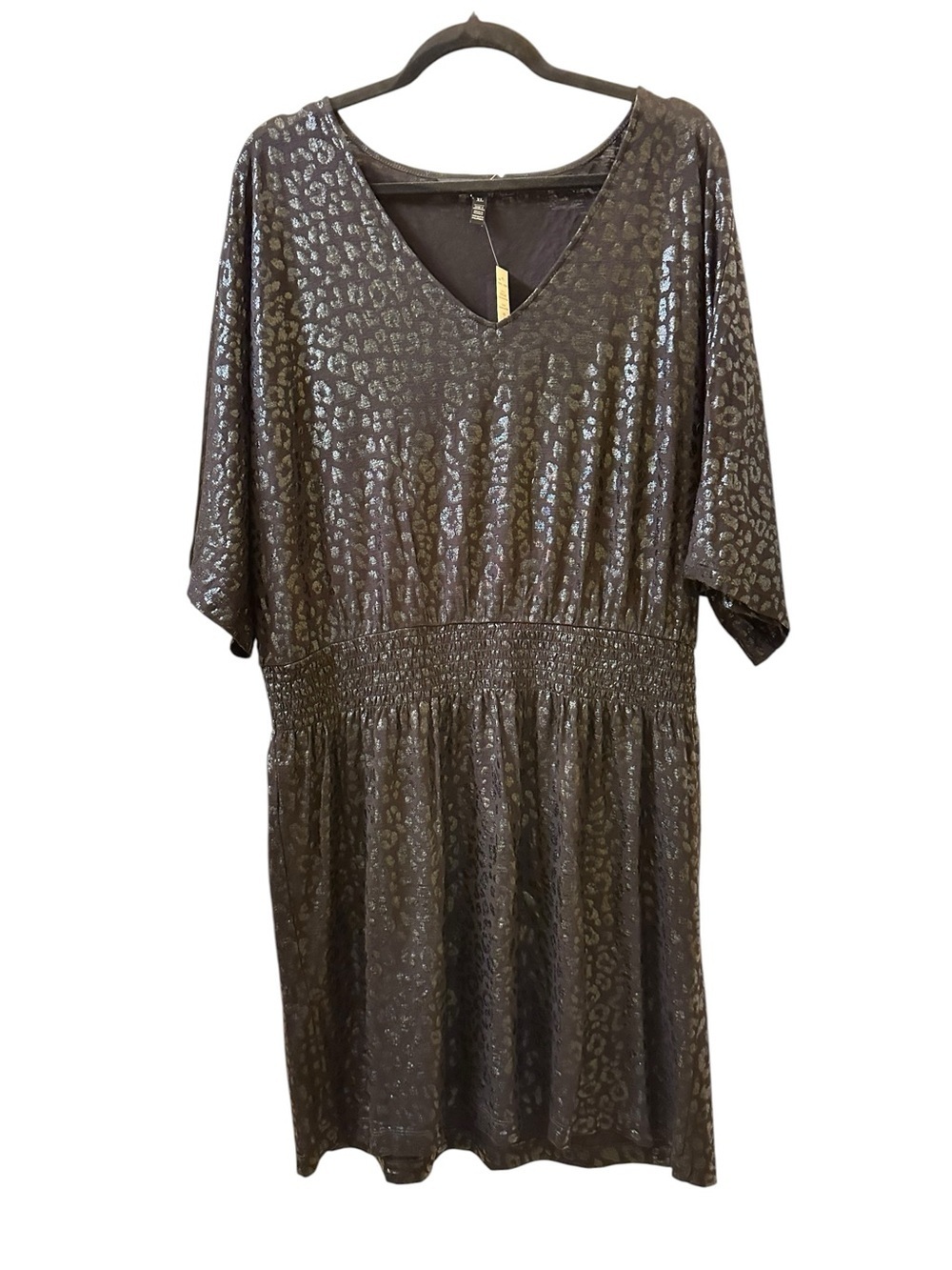 White House Black Market Metallic Charcoal V-Neck Smocked kimono Dress size XL